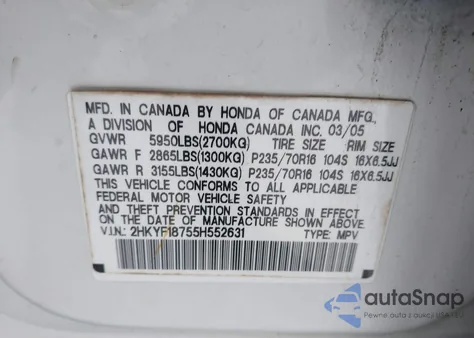 2005 Honda Pilot Ex-L from USA, damaged, VIN 2HKYF18755H552631